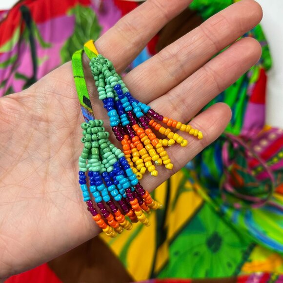 Farm Rio Anthropologie Palila Fringed Midi Sun Dress Beaded Multicolor Satin L - Picture 10 of 14